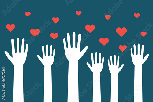 Many Raised Hands with Red Hearts Floating Above on Dark Teal Background arms open
