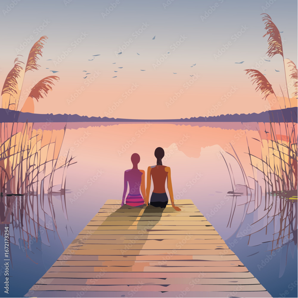Fototapeta premium two figures sitting in silence on a wooden dock by a tranquil lake