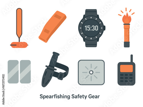 Diverse spearfishing safety gear including whistle, watch, knife, flare, mirror, radio