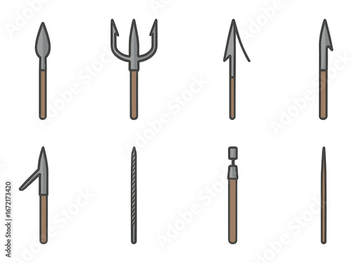 Collection of various spearheads and harpoons with wooden handles