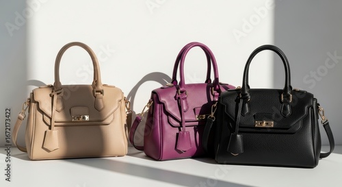 Elegant collection of beige, purple, and black leather handbags with gold accents