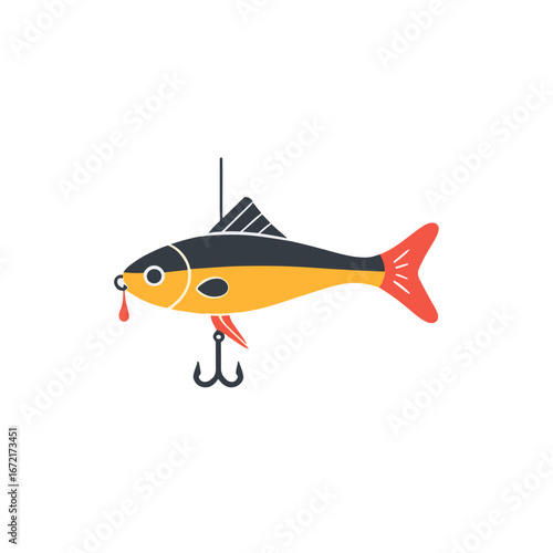 Colorful fish caught on a fishing hook in a playful design for fishing themes
