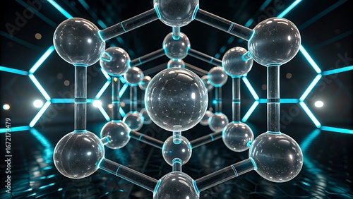 Futuristic 3d molecular structure with glowing spheres and connections in digital science technology background