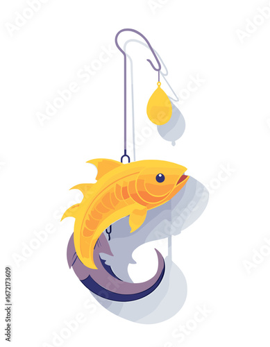 colorful fish on a hook with a fishing lure in a vibrant illustration