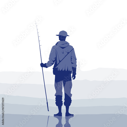 silhouette of a fisherman holding a fishing rod in a tranquil setting
