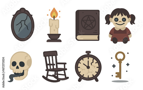 Creepy symbols: mirror, candle, book, doll, skull, rocking chair, clock, key