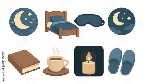 Cozy nighttime routine with bed, moon, sleep mask, book, candle, coffee, and slippers
