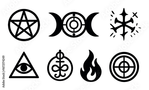 Mystical symbol collection: pentacle, triquetra, all-seeing eye, spiritual fire iconography