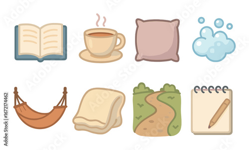 Cozy relaxation icons featuring book, coffee, pillow, bubbles, hammock, blanket, path, notebook