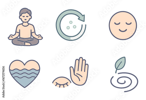 Calming symbols: meditation, recycling, relaxation, water, hand, nature