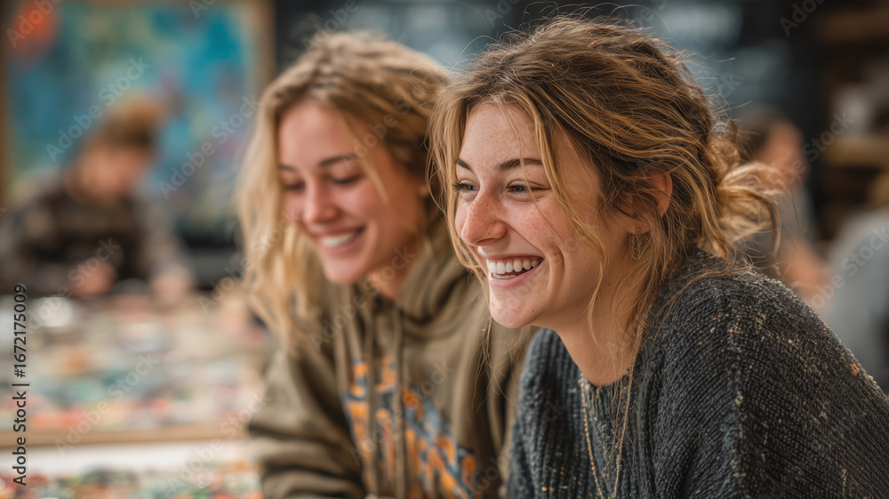 Obraz premium Friends create vibrant ceramic masterpieces in a cozy art studio