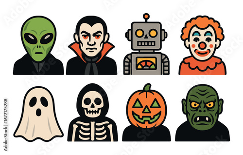 Cartoon icons of halloween characters: vampire, clown, alien, robot, skeleton, pumpkin, ghost, monster