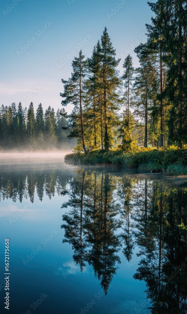 Fototapeta premium Misty lake reflecting forest at dawn