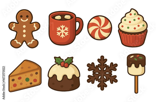 Festive holiday treats and hot chocolate with gingerbread and peppermint icons