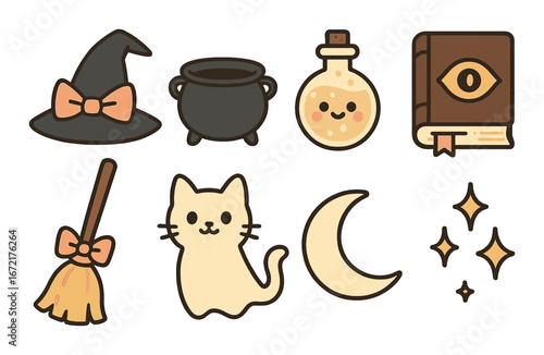 Cute witchcraft icons with cat, cauldron, and moon on brown background