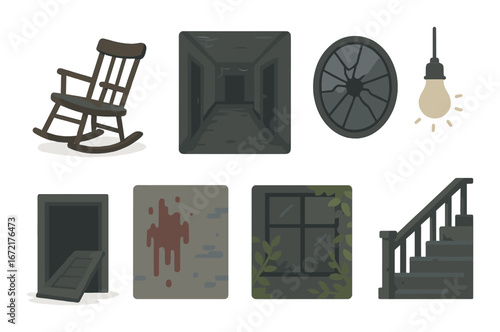 Vintage haunted mansion elements: rocking chair, dark hallway, light bulb, creepy stairs