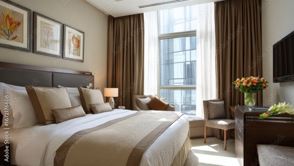 Fototapeta premium Interior of a modern hotel bedroom. Bright, spacious