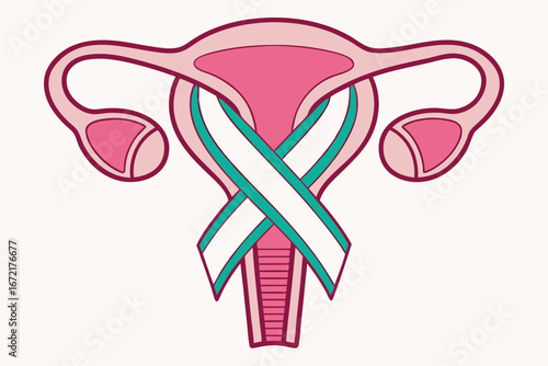 Uterus with Teal and White Awareness Ribbon Illustration female reproductive system gynecology