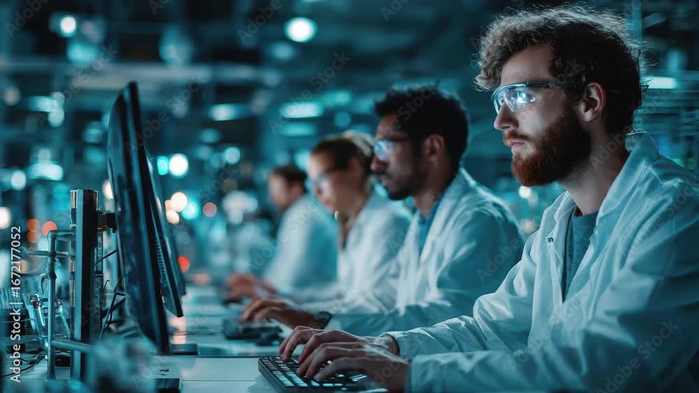 Scientists in lab coats work on computers late at night in a brightly ...