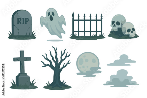 Spooky halloween elements: ghosts, skulls, graveyard, moon, tree, clouds