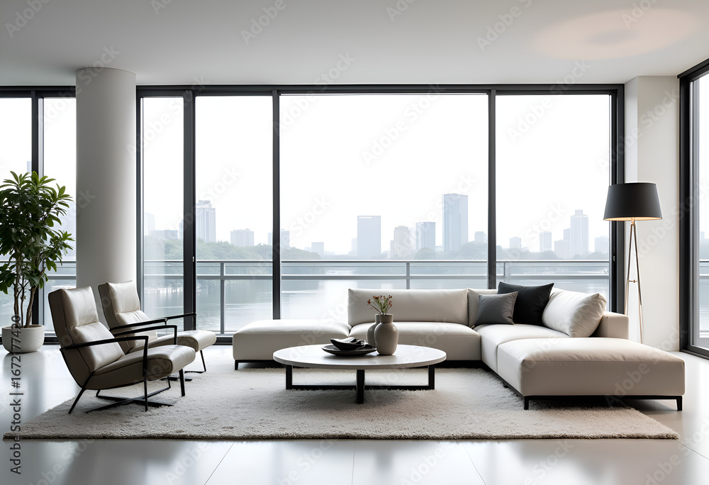 Fototapeta premium Modern Mid Century White And Black Living Room Interior At Waterfront