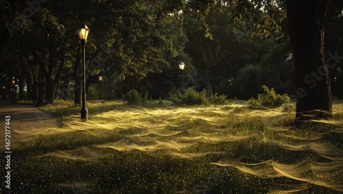Park scene at dawn, cobwebs illuminated