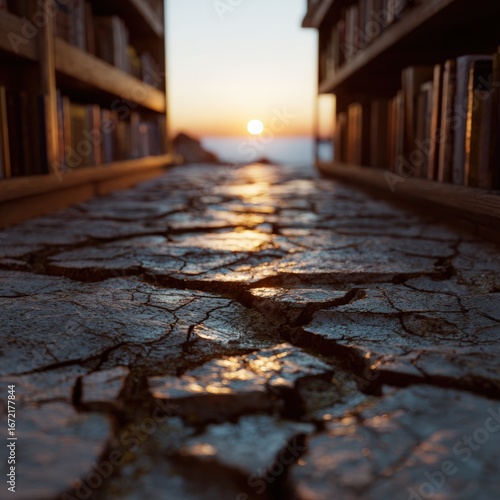 Sunlit path between bookshelves