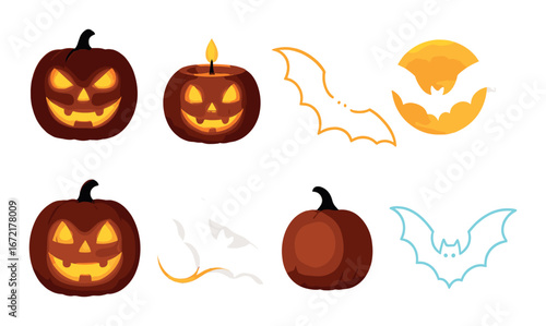 Glowing halloween pumpkins and bats with full moon background