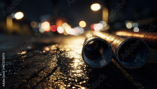 Two metal pipes on a wet city street at night