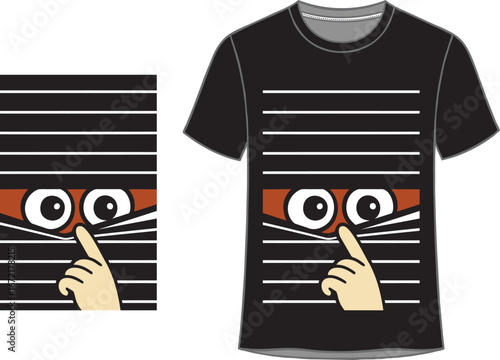 Curious eyes peeking through blinds funny T‑shirt design
Peeking eyes behind stripes cartoon graphic tee design
Sneaky cartoon face peeking from stripes black T‑shirt graphic