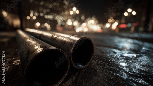 Two metal pipes on a wet street at night
