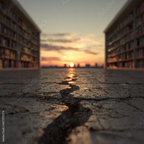 Sunset vista through library aisles
