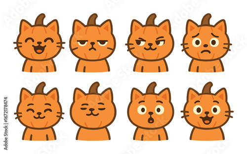 Cute orange cat emoticons displaying eight different facial expressions
