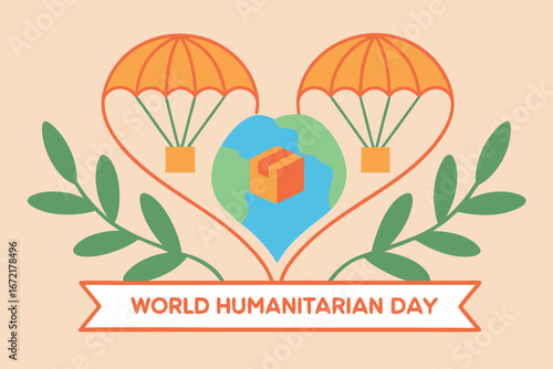 World Humanitarian Day with Earth planet and parachutes delivering boxes humanitarian aid charity