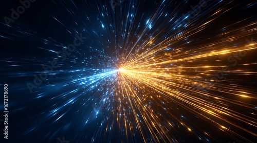 High-Speed Particle Collision: Dynamic Abstract Energy Blast with Blue and Gold Light Trails on a Black Backdrop