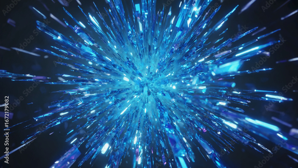 Fototapeta premium Abstract Blue Geometric Crystal Burst on Dark Background