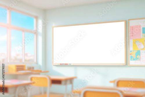 modern classroom with curriculum plan displayed on wall featuring augmented reality subjects