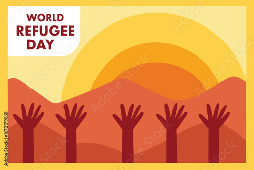 World Refugee Day hands reaching up towards sun and hills people help