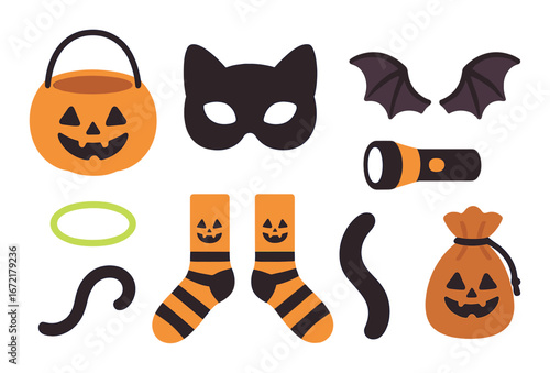 Halloween costume accessories with cat mask, pumpkin bag, and striped socks
