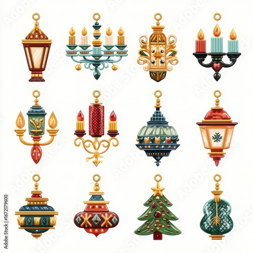 Colorful collection of decorative holiday ornaments featuring various shapes and designs displayed on a light background
