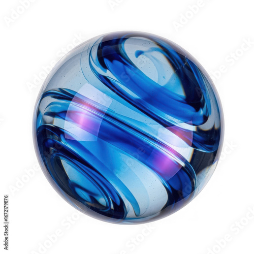 A beautiful blue glass marble with swirling patterns, isolated on a transparent background