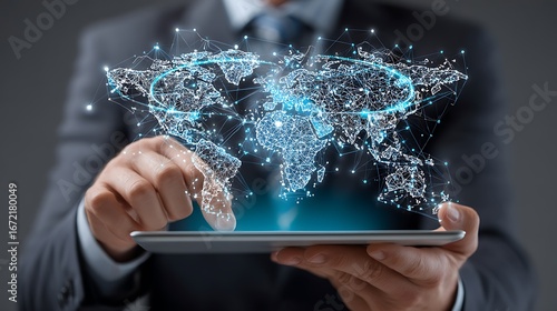 A businessman using a tablet to navigate global networks, displaying data connections and advanced technological interfaces.
