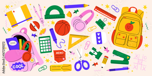 School supplies. Back to school stickers, cartoon stationery notebook, school backpack, eraser, stapler, sharpener, cute educational equipment for study, university. Vector set
