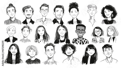 Diverse hand-drawn portraits collection 
