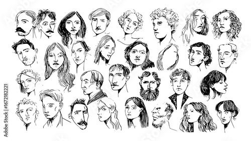 Collection of hand-drawn portraits in black and white