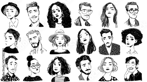 Diverse illustrated portraits in black and white