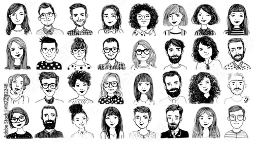 Diverse hand-drawn portraits collection 