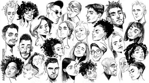 Diverse hand-drawn portraits collection