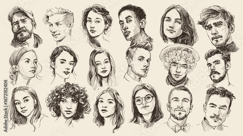 Diverse hand-drawn portraits collection
