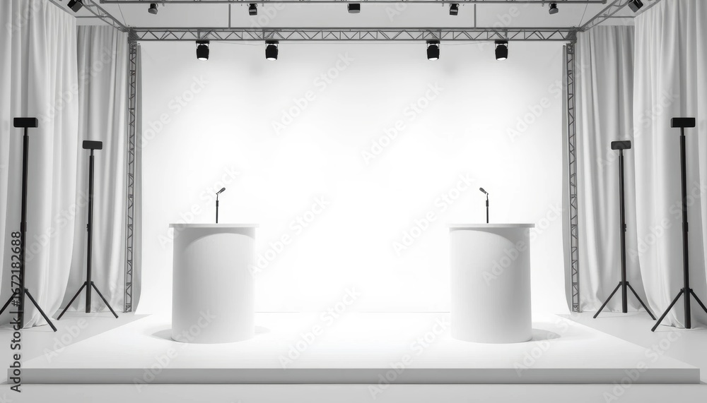 Fototapeta premium Empty Debate Stage with Two Podiums and Lighting